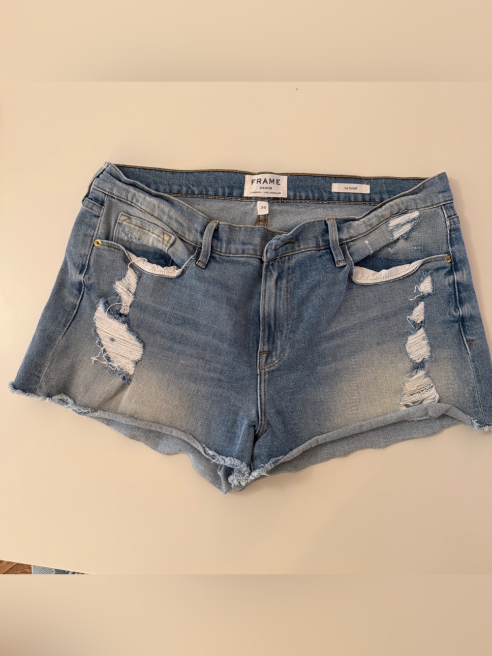 Frame Denim Distressed Light Blue Jean Shorts